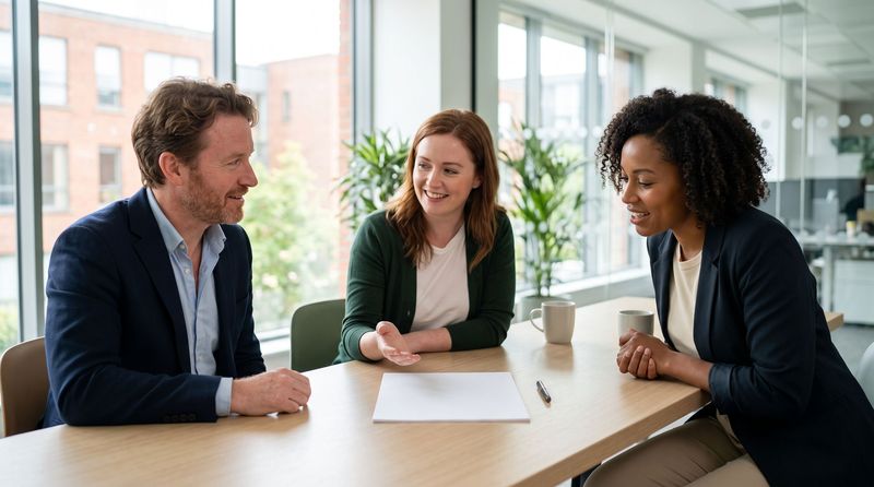 Three colleagues discussing documents at a table, illustrative image